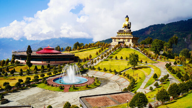 Big statue of Lord Buddha, Gautama Buddha in the Buddha Park of Ravangla in South Sikkim, India. Also known as Tathagata Tsal. A popular tourist attraction.