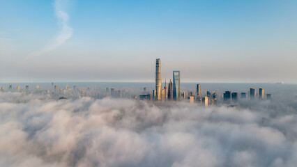 Buildings in Lujiazui, Shanghai, China under advection fog.