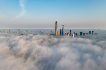 Buildings in Lujiazui, Shanghai, China under advection fog.