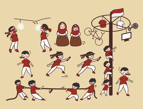 Games Indonesian, panjat pinang, makan kerupuk, tarik tambang, estafet, balap karung red white flag. flat cute illustration flag Indonesian independence. white background