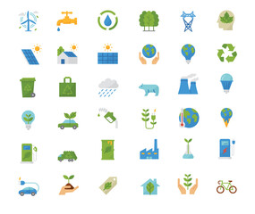 Environmental protection, sustainable development, nature conservation, climate change, ecology green icon set with ecological city, eco technology, renewable energy and global warming