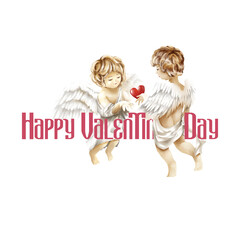 Two of angels give heart for together, cupids with happy valentine's day pink text on white background