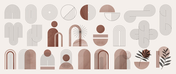 Hand drawn abstract minimal element mid century vector set. Aesthetic contemporary stripe line art, watercolor geometric shapes in nude colors. Art form design for wall art, decoration, wallpaper.