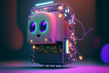  Cute, colorful, happy 3d computer processor, chip, ai technology with glowing eyes and body