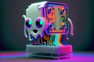 Happy, cute, colorful 3d computer processor, chip,  technology, ghost in the machine, ai