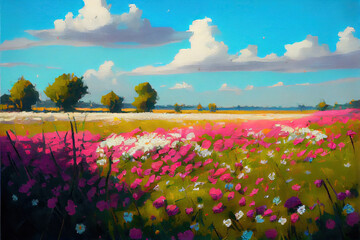 A field full of flowers under the blue sky and white clouds
