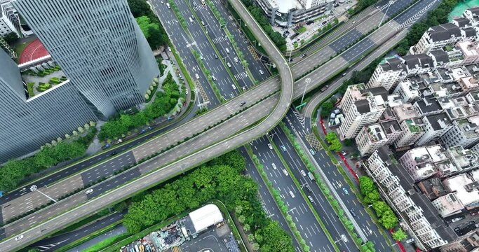 Aerial footage of landscape and rush hour traffic in downtown of shenzhen city, China 
