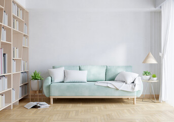 Green sofa in white living room with copy space for mock up, 3D rendering