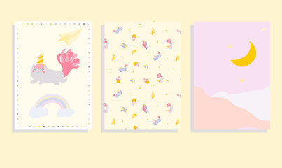 card with unicorn-cat, landscape, vector set