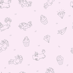 outline seamless pattern  with unicorn and unicat
