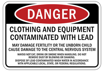 Lead warning hazard sign and label clothing and equipment contaminated with lead