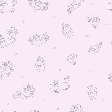 outline seamless pattern  with unicorn and unicat