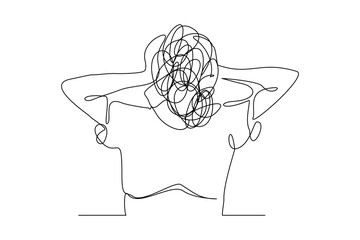 Continuous singe one line drawing art of stress confusing people because any problem. Vector illustration of business woman mess feeling with round scribbles instead of a head.