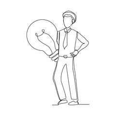 Continuous single one line drawing business man holding idea bulb. Vector illustration of smart and success people.