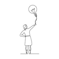Continuous single one line drawing business woman holding idea bulb. Vector illustration of smart and success people.