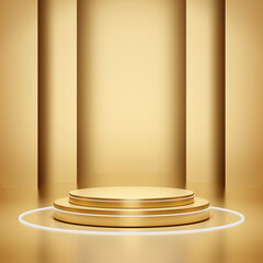 Gold podium in gold room for mock up, 3D rendering