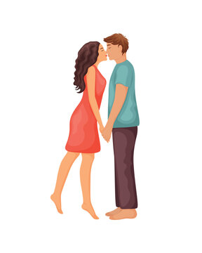 People in love. A man and a woman kissing. Romantic cartoon-style illustration. A guy and a girl in love. Vector illustration isolated on a white background