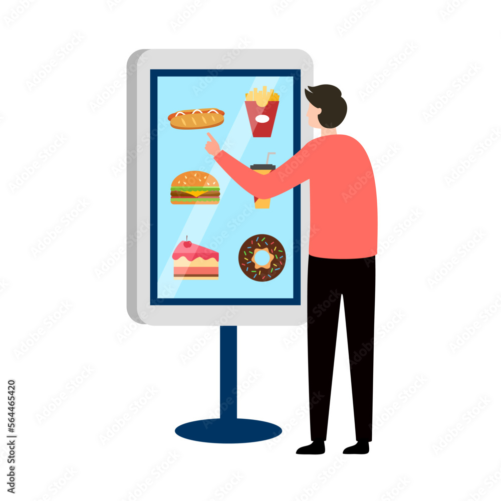 Wall mural man using self service kiosk in ordering food in flat design on white background.
