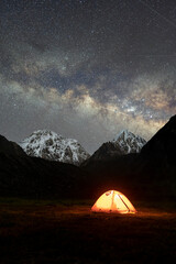 Fototapeta na wymiar Camping under snow mountain and galaxy