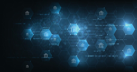 Obraz premium Banking Technology concept.Isometric illustration of bank on dark blue technology background. Digital connect system.Financial and Banking technology concept.