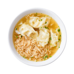 Asian instant noodles soup and wonton dumpling in bowl on transparent png