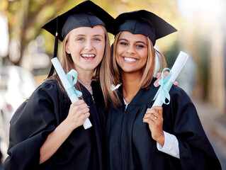 Graduation, degree and portrait of friends together happy for academic success at their university...