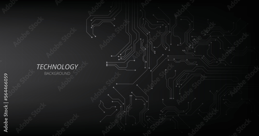 Poster Grey circuit connection on black background. High-tech circuit board connection system. futuristic digital innovation background.