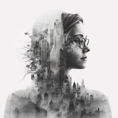 Double Exposure Illustration of a Young Caucasian Woman in Profile and an Urban Environment, a Generative AI Illustration
