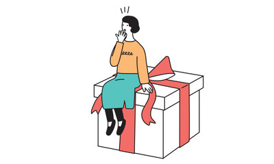 プレゼントの上に座るシンプルな女性のイラスト
