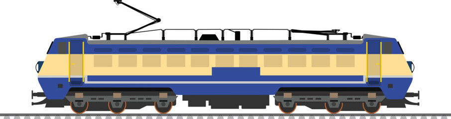 Electric locomotive with white background, side view of a train on track - obrazy, fototapety, plakaty