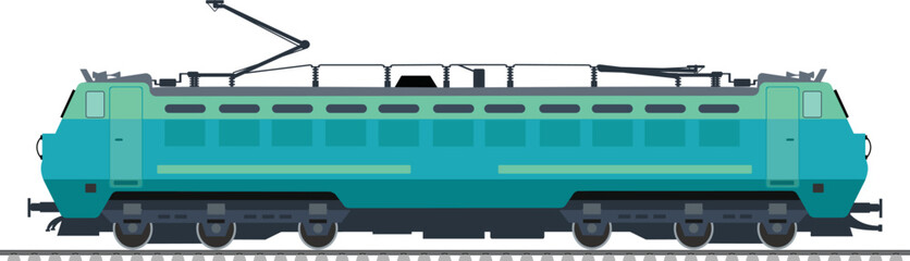 Electric locomotive with white background, side view of a train on track, vector 