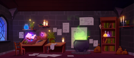 Magician room interior design. Vector cartoon illustration of mysterious lab with green potion boiling in cauldron, spell book floating in air, elixir bottles glowing on shelf, paper notes on wall