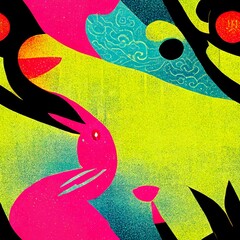 Patchwork Easter Bunny - A Colorful Montage of Neon Rabbit and Checkerboard Patterns in a Tessellated Illustration Design