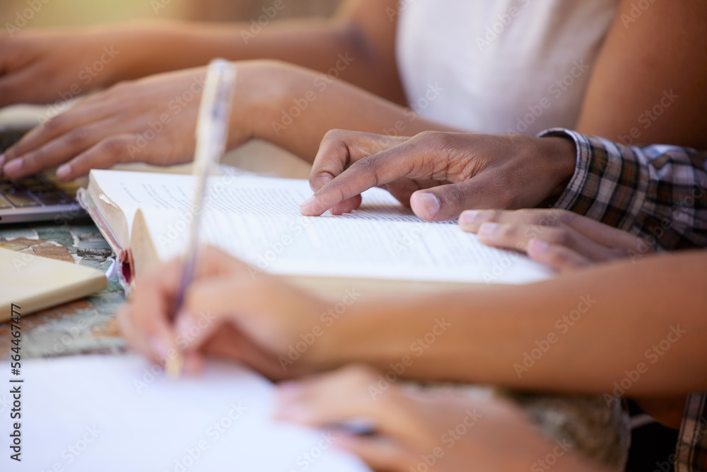 Poster Students, education and hands writing in notebook for learning, exam studying and write notes in classroom. University, college and learners in study group for knowledge, academic course and research