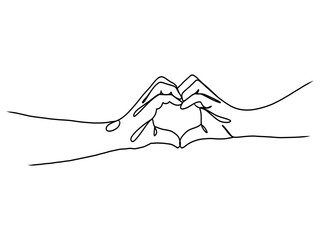 Continuous line drawing of hands showing love sign.