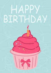 birthday greeting card with cupcake for a girl with a candle in a modern style. Vector greeting poster
