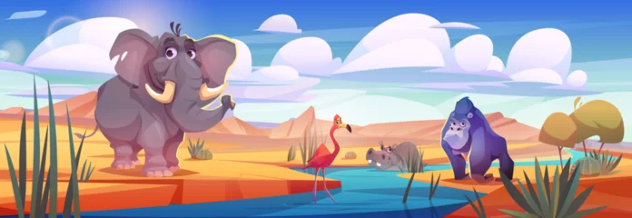 Wandaufkleber African animals at watering hole in savannah. Savanna or desert landscape with river and cute elephant, gorilla, hippo and flamingo in water, vector cartoon illustration © klyaksun