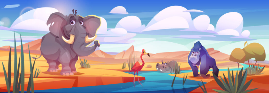 African animals at watering hole in savannah. Savanna or desert landscape with river and cute elephant, gorilla, hippo and flamingo in water, vector cartoon illustration