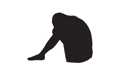 膝を抱えてうなだれる女性シルエット_ワイド