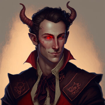 A Tiefling male with red skin, sharp appearance and noble background, skilled in working with animals and equipped with the tools for it, though he has a weak physique.