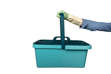 Plastic bucket for cleaning supplies womens hand holding. Spring cleaning. Cut out image