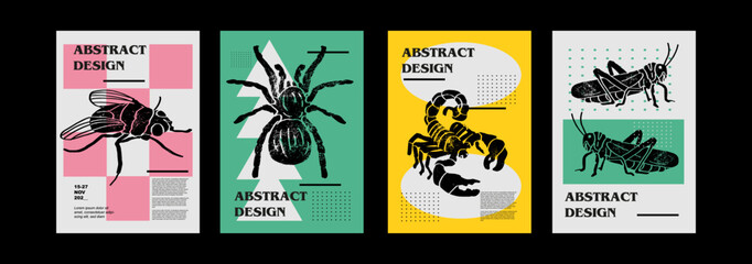 Fly, tarantula, scorpio, scorpion, grasshopper, locust. Set of vector posters with insects. Engraving illustrations and typography. Background images for cover, banner