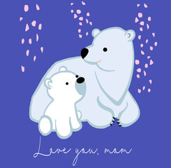 Hand-drawn polar bear with a little bear, outline, vector isolated on blue background