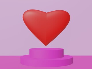 3D podium platform with red heart shape. for branding product presentation on Valentine's day. Minimal style. 3d render.