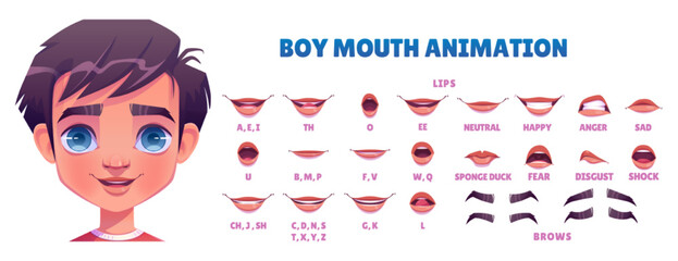 Boy mouth animation set isolated on white background. Lip sync collection. Vector cartoon illustration of child face elements with different emotions, sound pronunciation. Game character constructor - obrazy, fototapety, plakaty