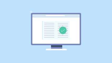 E-learning online education concept, book pages flip on computer screen video animation concept.