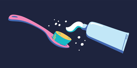 Toothpaste is squeezed out of the tube onto the toothbrush. Daily oral care. Stylish full color illustration in flat cartoon style. Classic tooth brushing. - obrazy, fototapety, plakaty