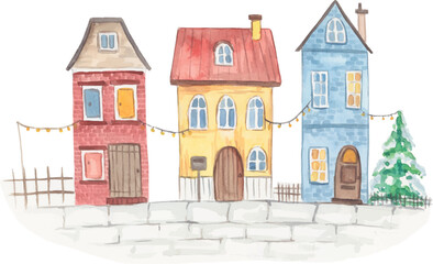 decorative watercolor houses in the snow