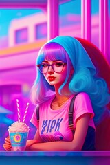 Obraz premium Cute girl pretty pink purple and blue hair in a cafe