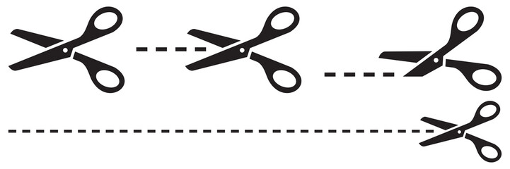Scissors with cut lines symbols isolated on white background. Scissors icons set. Vector illustration
